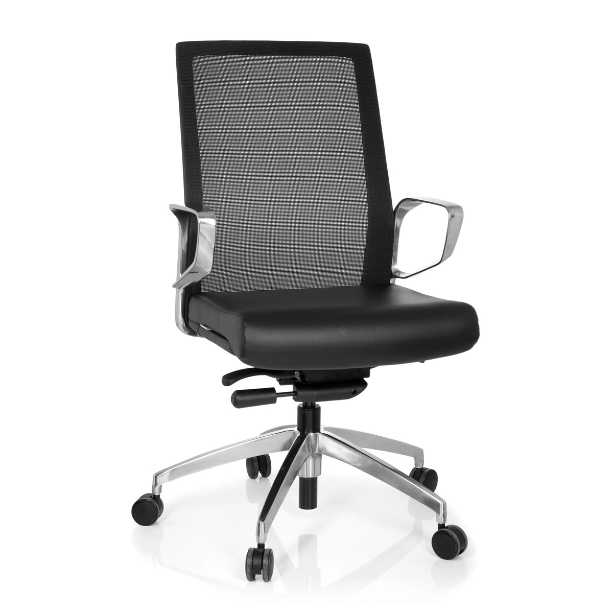Silla de oficina profesional PROVIDER NET negra con respaldo de malla y base de cinco ruedas de hjh OFFICE – vista de 360° (vista frontal 20°)