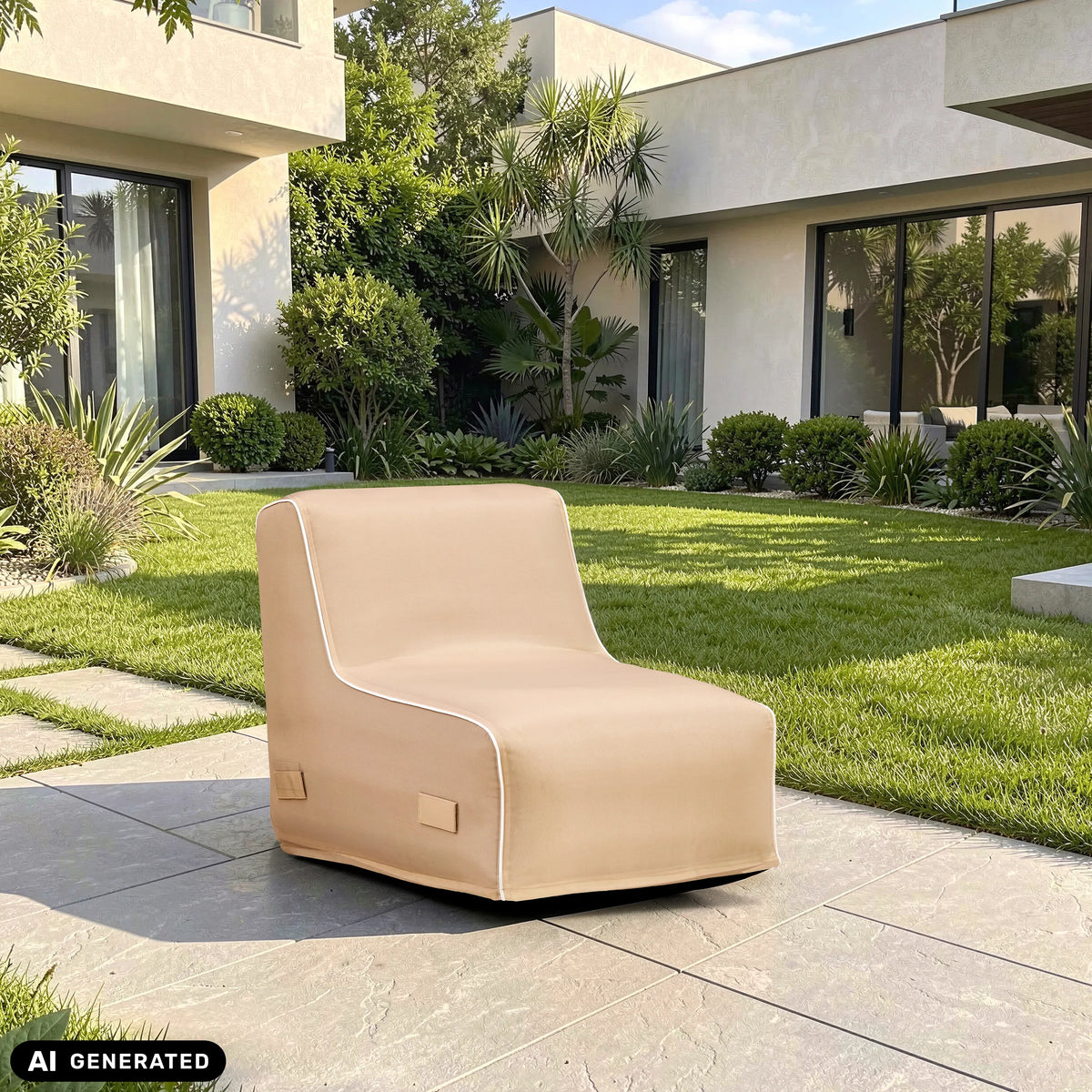 Sofá hinchable Sitzolo Air beige en una terraza frente a una zona verde de hjh LIVING (imagen generada por IA)