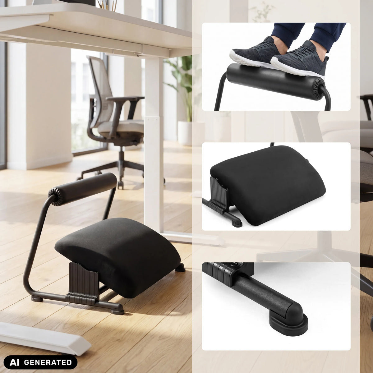 Schwarze Fußablage Podi Velvet mit gepolsterter Liegefläche und Fußrolle von hjh OFFICE (KI-generiertes Bild)