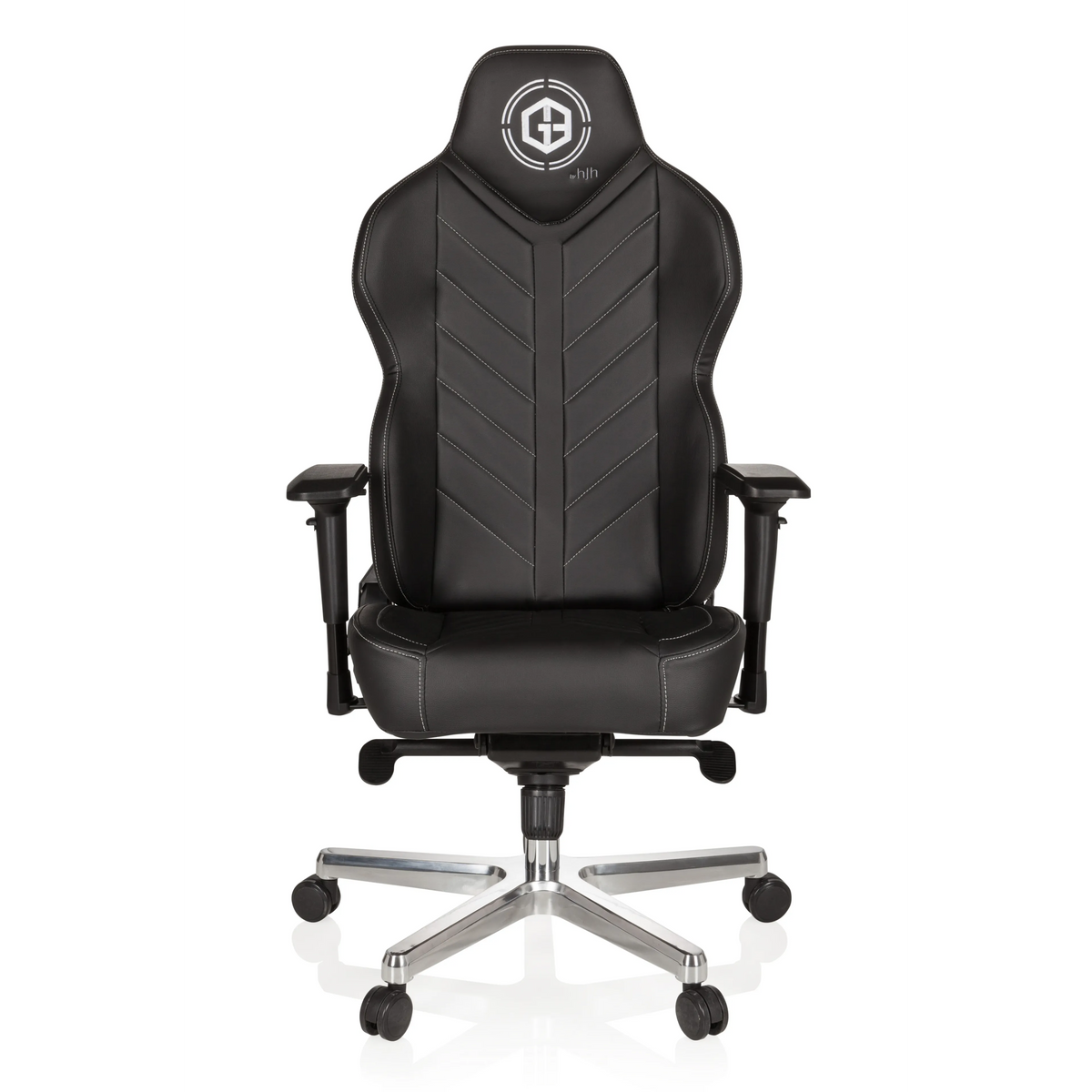 Schwarzer Gamingstuhl GAMEBREAKER COLOSSUS mit Armlehnen und glänzendem Fußkreuz mit fünf Rollen von hjh OFFICE – 360-Grad-Ansicht (Frontansicht 0°)