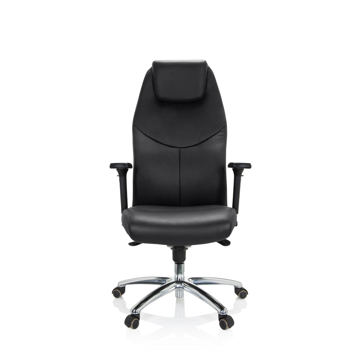 Sillón de oficina profesional FERRARA negro con reposacabezas integrado y base de cinco ruedas de hjh OFFICE – vista de 360° (vista frontal 0°)