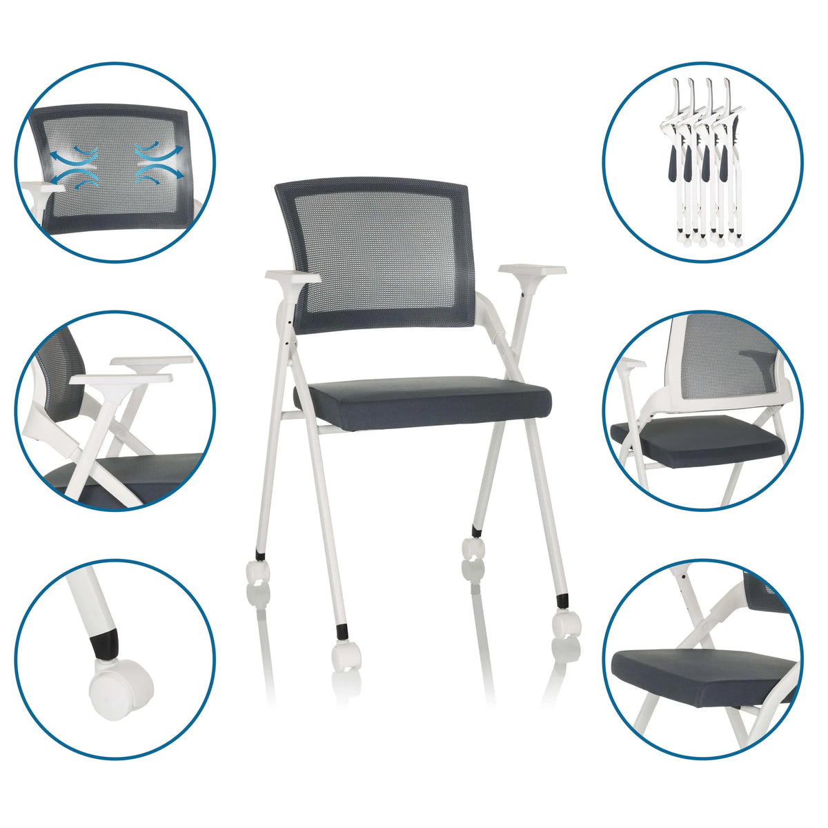 Silla plegable PRIORITY II W gris con respaldo de malla, patas blancas y ruedas de hjh OFFICE