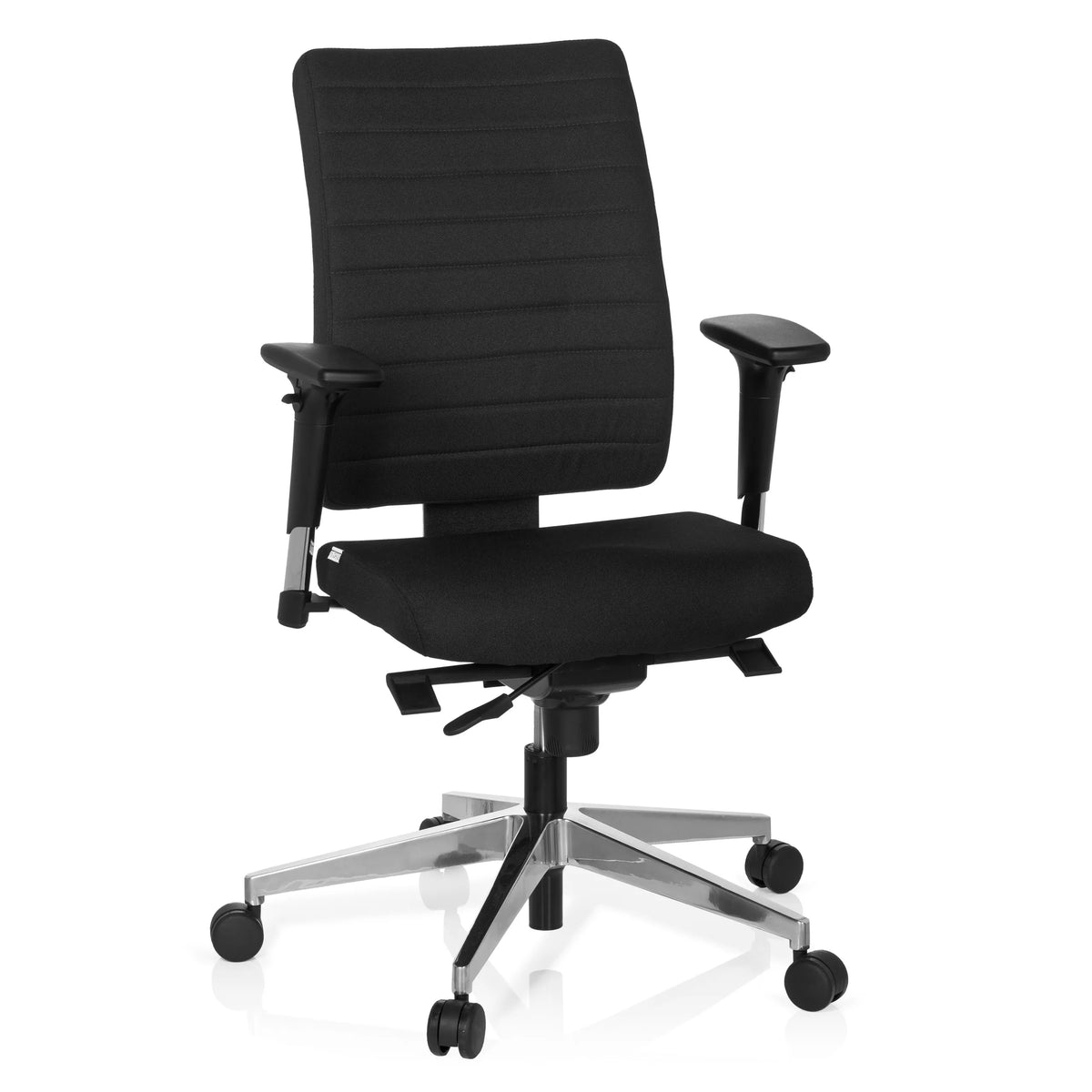 Silla de oficina profesional PRO-TEC 350 negra con reposabrazos y base plateada de cinco ruedas de hjh OFFICE – vista de 360° (vista frontal 20°)