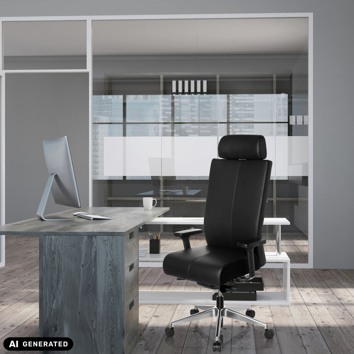 Silla de oficina profesional PRO-TEC XXL de cuero negro con reposacabezas en un escritorio de hjh OFFICE (imagen generada por IA)