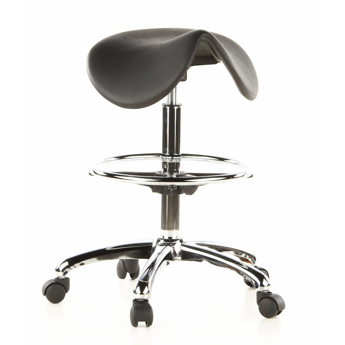 Taburete de silla de montar TOP WORK 13 negro con aro reposapiés y base de cinco ruedas de hjh OFFICE – vista de 360° (vista frontal 20°)