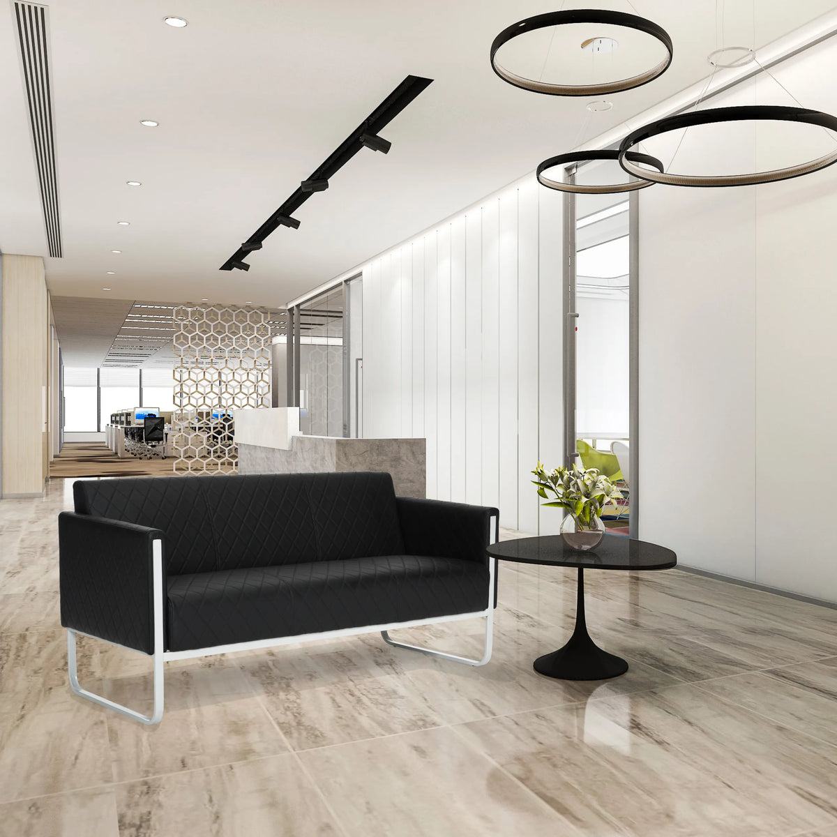 Sofá de diseño ARUBA STEP negro de tres plazas con tapicería acolchada y estructura metálica plateada de hjh OFFICE