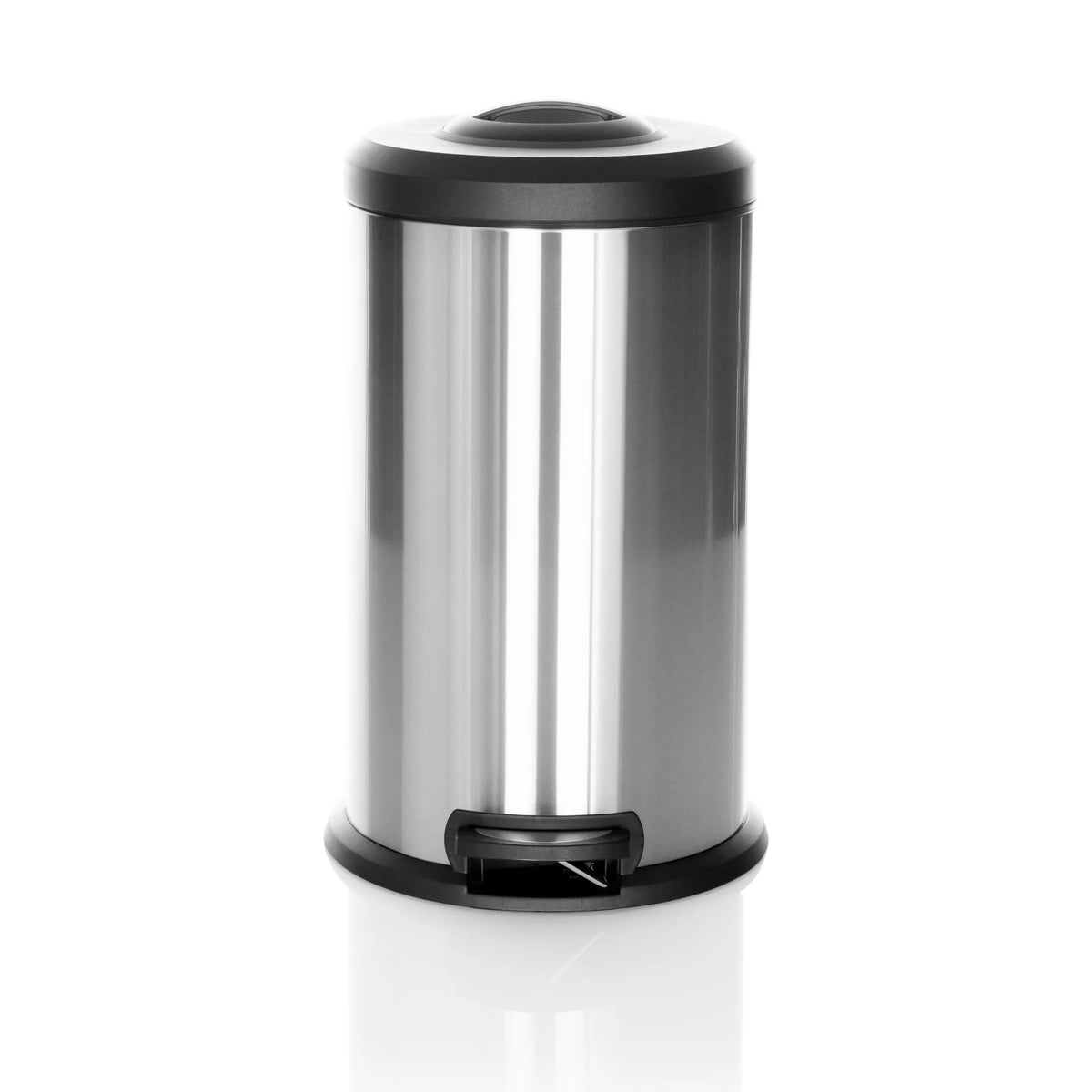 Papelera CLEAN X plateada con tapa negra y pedal de hjh OFFICE – vista de 360° (vista frontal 0°)