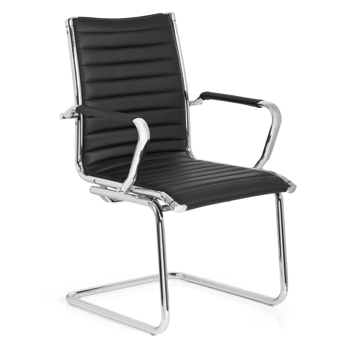 Silla de viga voladiza VEMONA V negra con costuras transversales y reposabrazos de cromo de hjh OFFICE – vista de 360° (vista frontal en diagonal 40°)