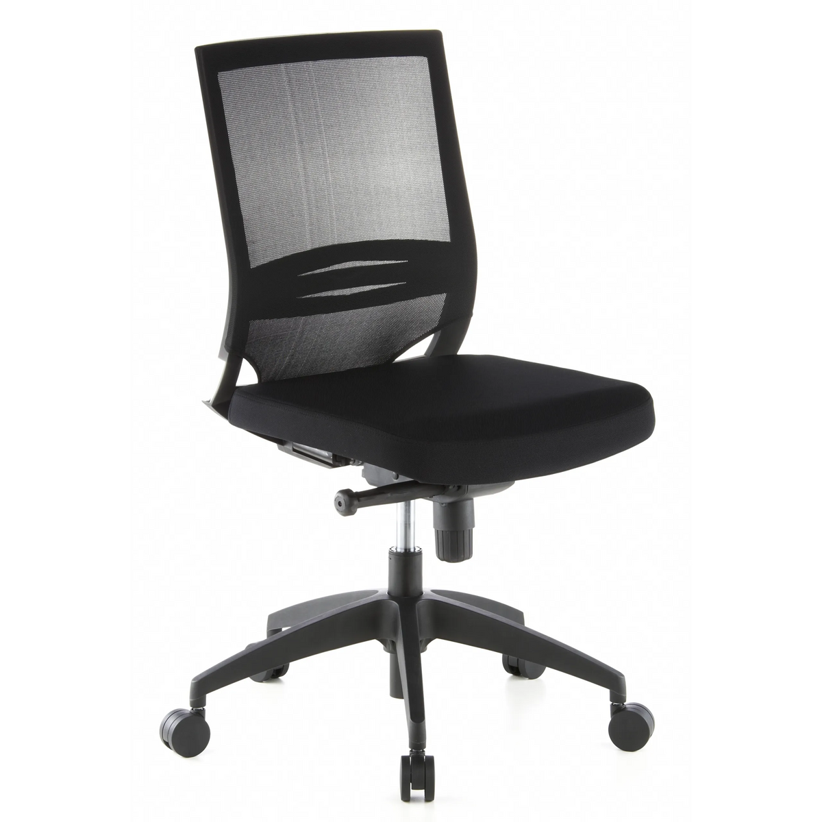Silla de oficina profesional PORTO ECO negra con respaldo de malla y base de cinco ruedas de hjh OFFICE – vista de 360° (vista frontal en diagonal 40°)