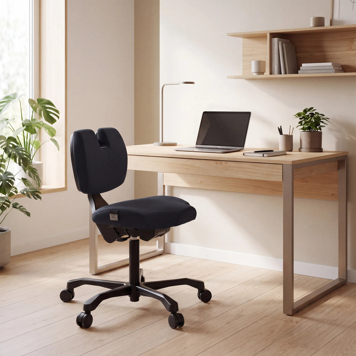 Silla ergonómica de rodillas EvoShift en negro en un escritorio de madera clara de hjh OFFICE