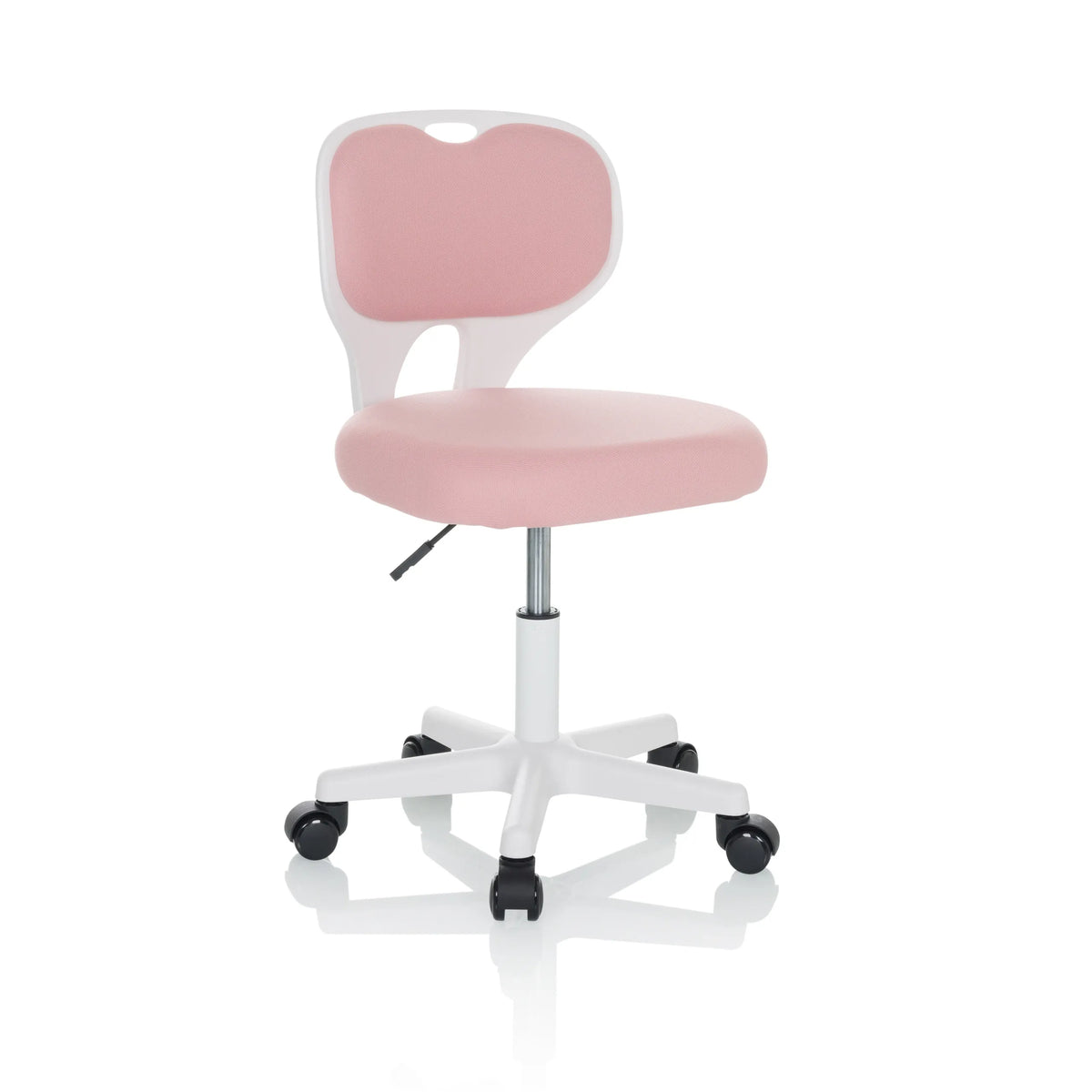 Silla giratoria para niños KIDDY TOP W en color rosa con estructura blanca y base de cinco ruedas de hjh OFFICE – vista de 360° (vista frontal en diagonal 30°)