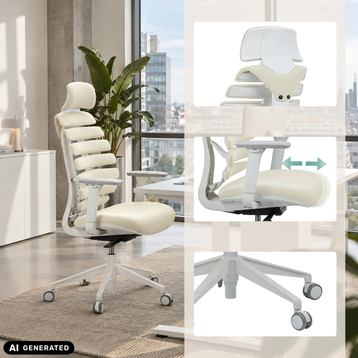 Silla de oficina profesional ERGO LINE W blanca con reposabrazos ajustables y base con ruedas de hjh OFFICE (imagen generada por IA)