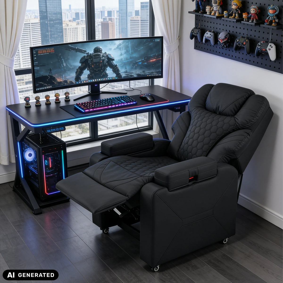 Sillón de diseño Game Sport RX negro con reposapiés extendido frente a una mesa gaming de hjh OFFICE (imagen generada por IA)