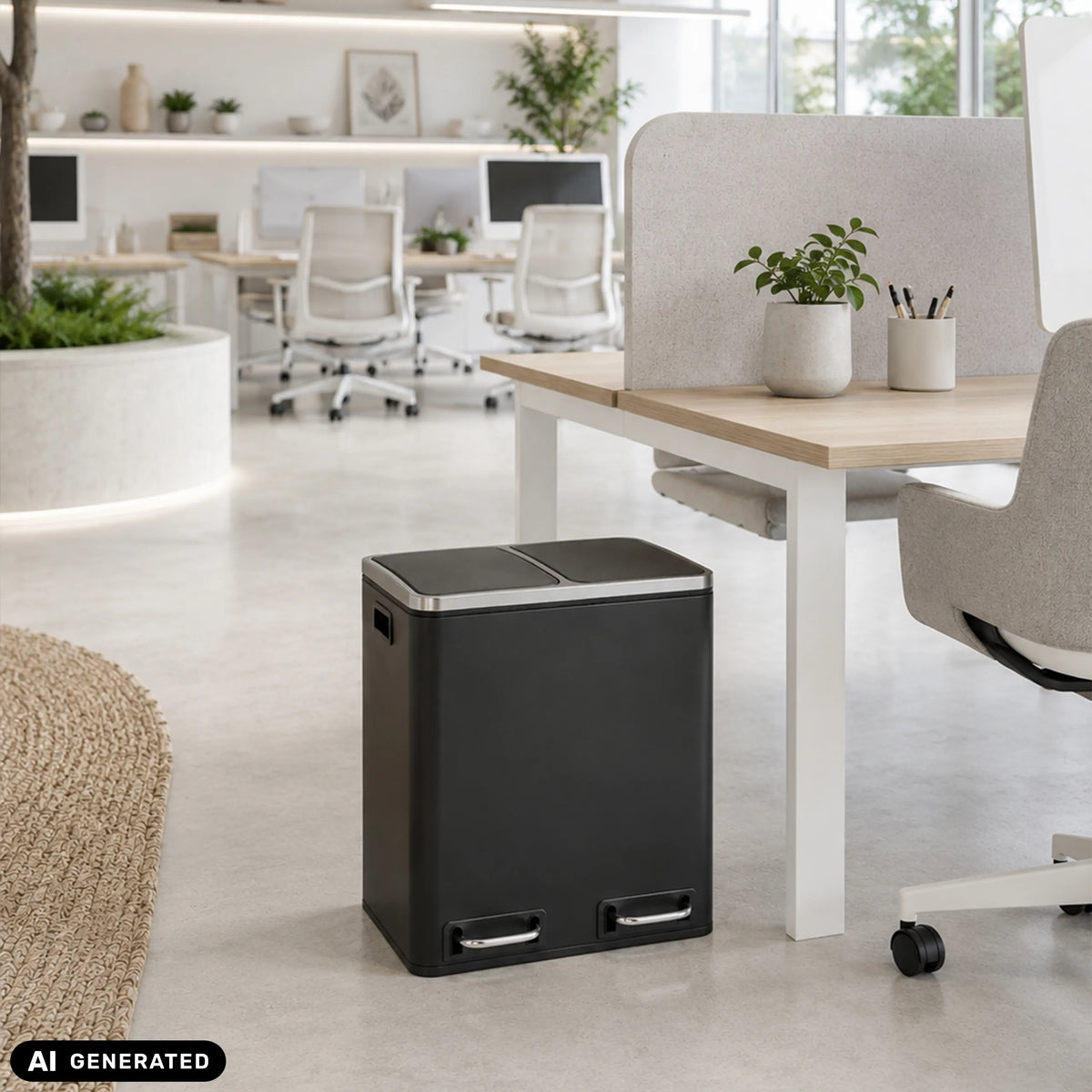 Papelera negra Clean 9 con dos compartimentos en la oficina de hjh OFFICE (imagen generada por IA)