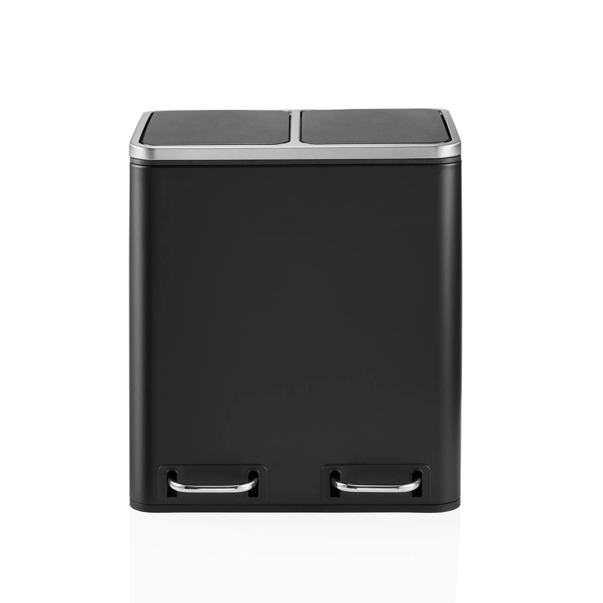 Papelera Clean 9 negra con dos compartimentos, borde de tapa plateado y dos asas de transporte de hjh OFFICE – vista de 360° (vista frontal 0°)