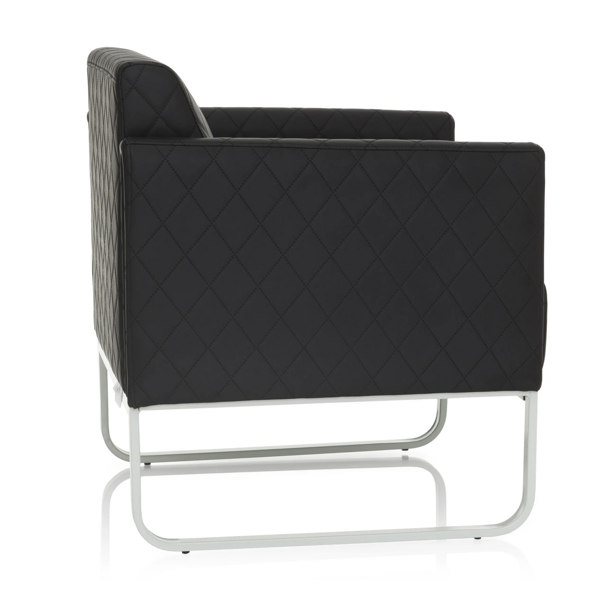 Sillón tapizado negro ARUBA STEP con costuras de diamante y estructura plateada de hjh OFFICE – vista de 360° (vista lateral 100°)