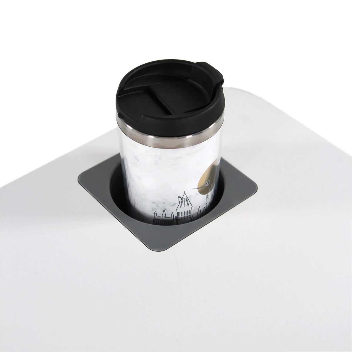 Portavasos integrado con vaso térmico en la superficie blanca del escritorio de pie STAND VM-SU I de hjh OFFICE