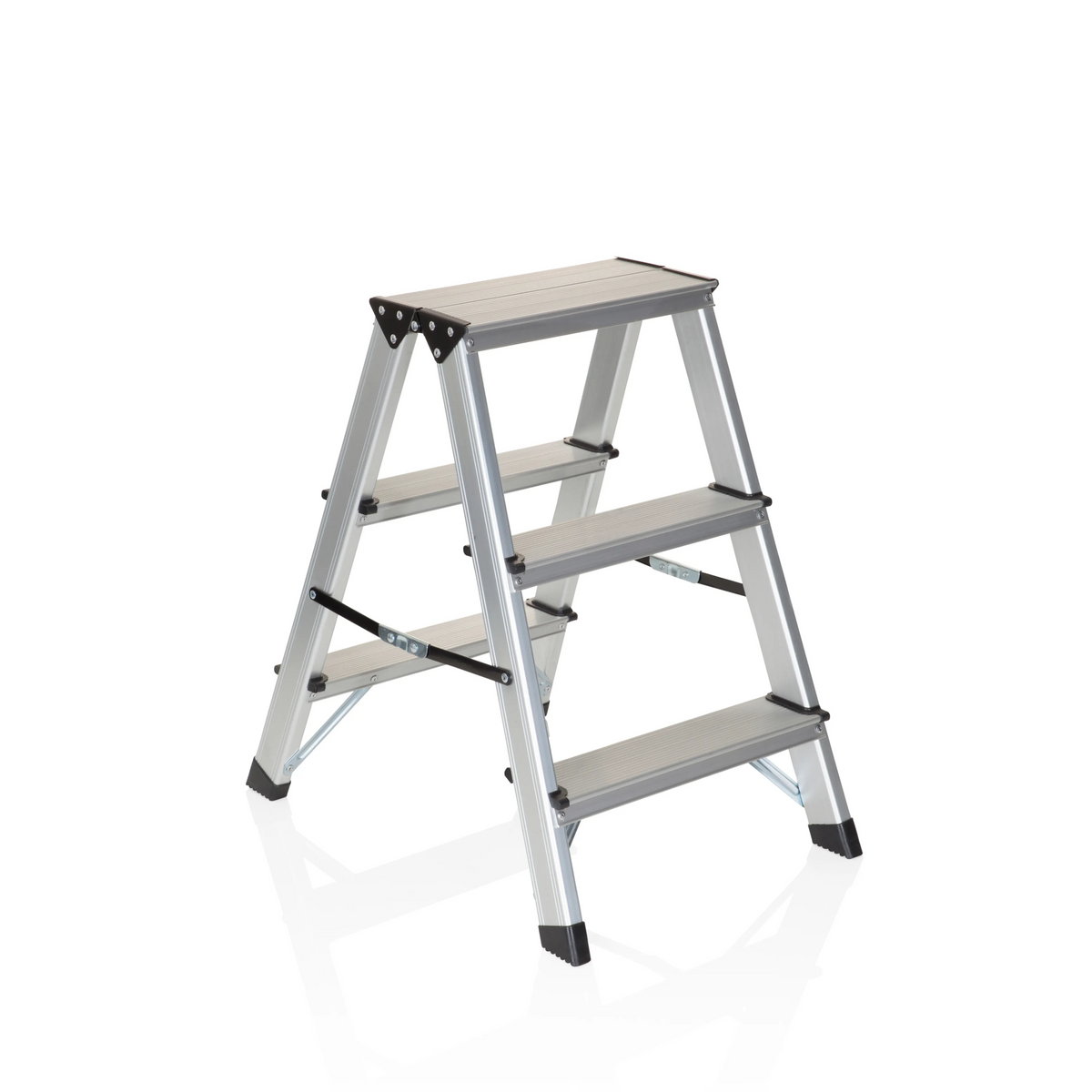Silberne Klappleiter SOLID aus Aluminium mit drei Stufen von hjh OFFICE – 360-Grad-Ansicht (schräge Frontansicht 40°)