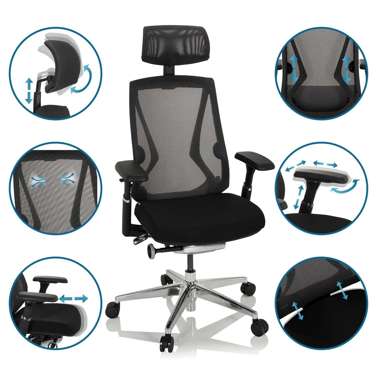 Silla alta gama INSPERO en negro con reposabrazos y reposacabezas ajustables de hjh OFFICE