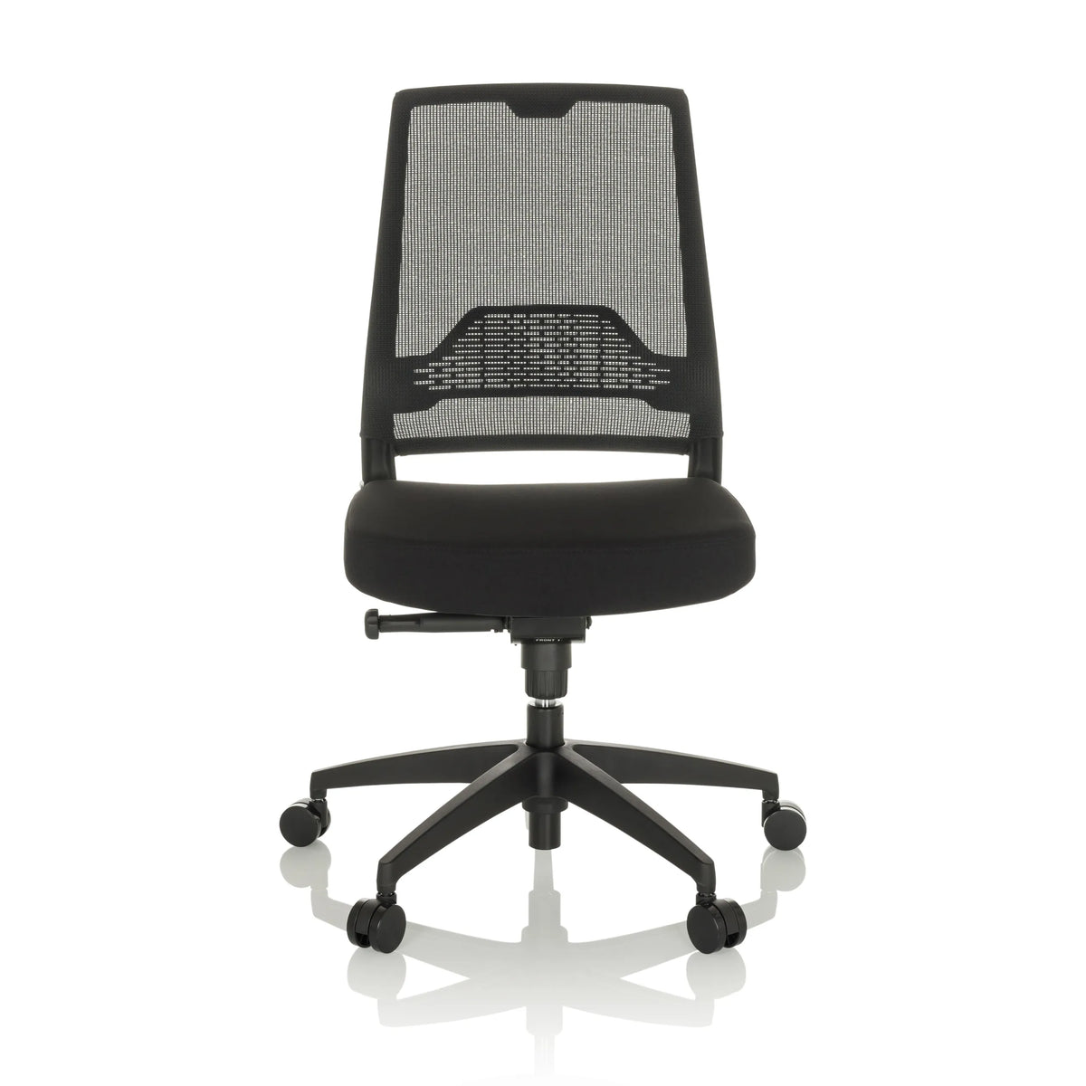 Silla de oficina profesional PORTO ECO I negra con respaldo de malla y base de cinco ruedas de hjh OFFICE – vista de 360° (vista frontal 0°)
