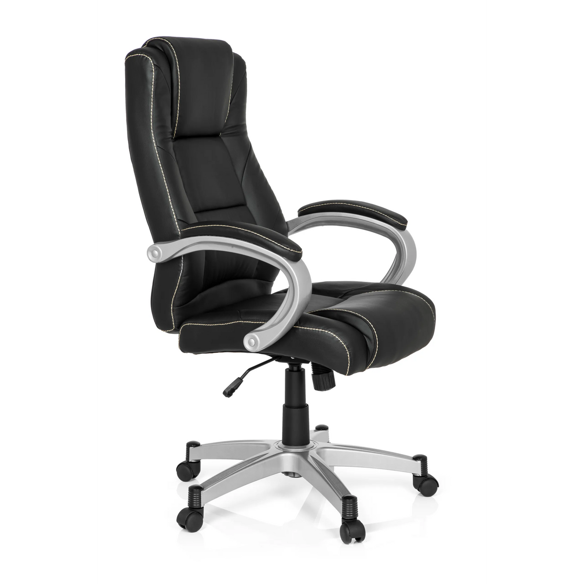 Silla gaming RELAX CL180 negra con acolchado y base de cinco ruedas de MyBuero – vista de 360° (vista frontal en diagonal 60°)