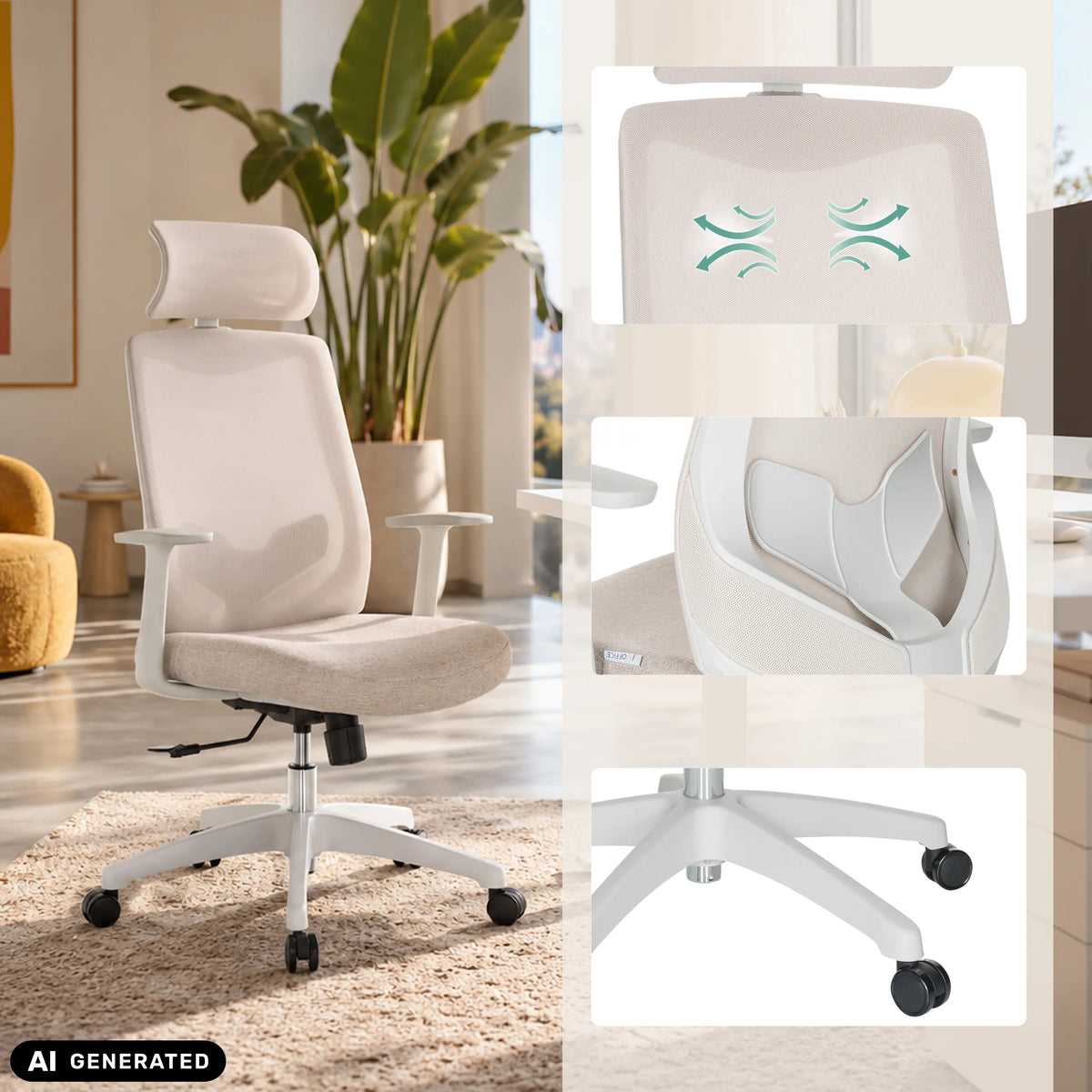 Silla Home Office MIKEO W beige con respaldo de malla y reposacabezas en un escritorio de hjh OFFICE