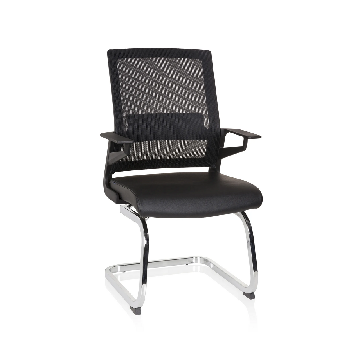 Silla de viga voladiza INVENTOR V PRO negra con respaldo de malla, reposabrazos y base de patines de hjh OFFICE – vista de 360° (vista frontal 20°)
