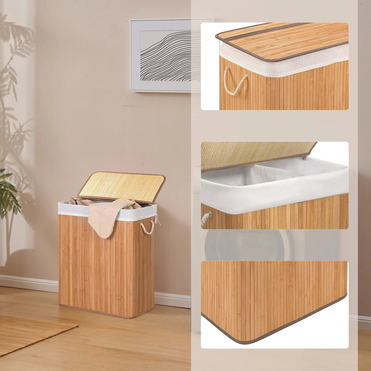 Cesta de ropa de bambú FALSTER XL B con tapa, bolsa interior blanca y asas de hjh LIVING