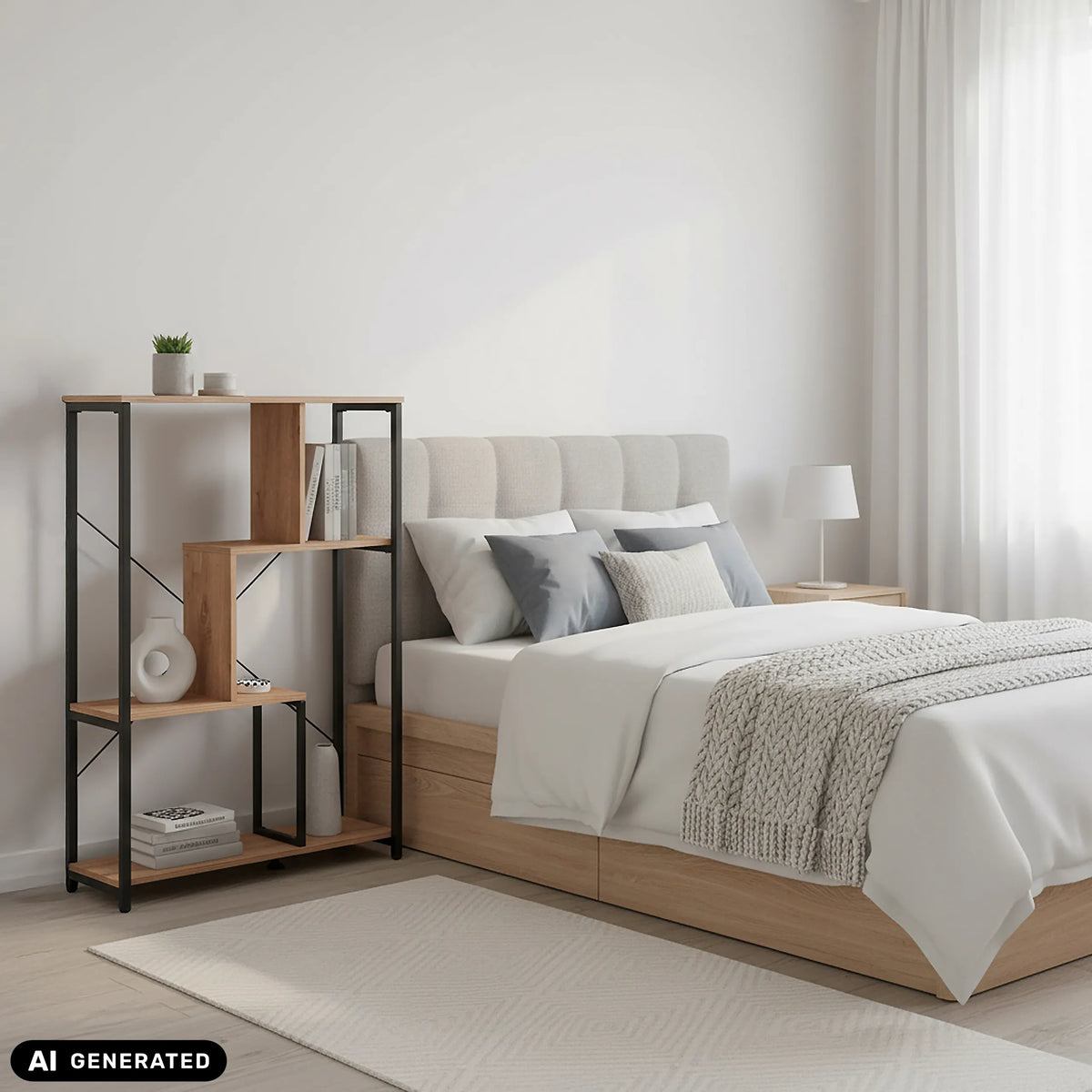 Estante Kalag Eco en negro y roble junto a una cama de hjh LIVING (imagen generada por IA)