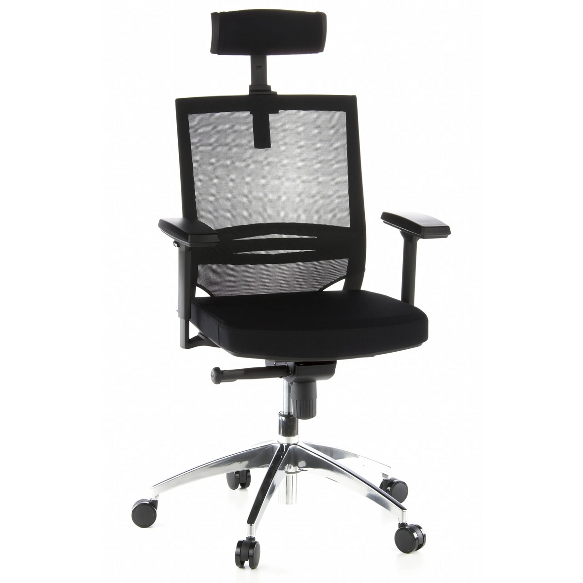 Silla de oficina profesional PORTO MAX negra con respaldo de malla, reposacabezas y base de cinco ruedas de hjh OFFICE – vista de 360° (vista frontal 20°)