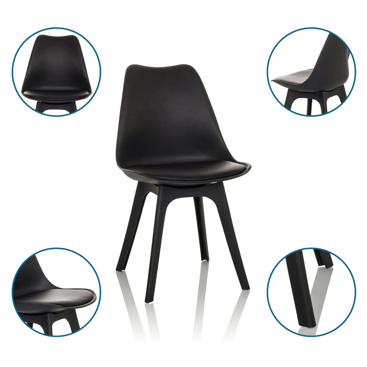 Silla nórdica SCANDI P en negro con cuatro patas en diferentes vistas de hjh OFFICE