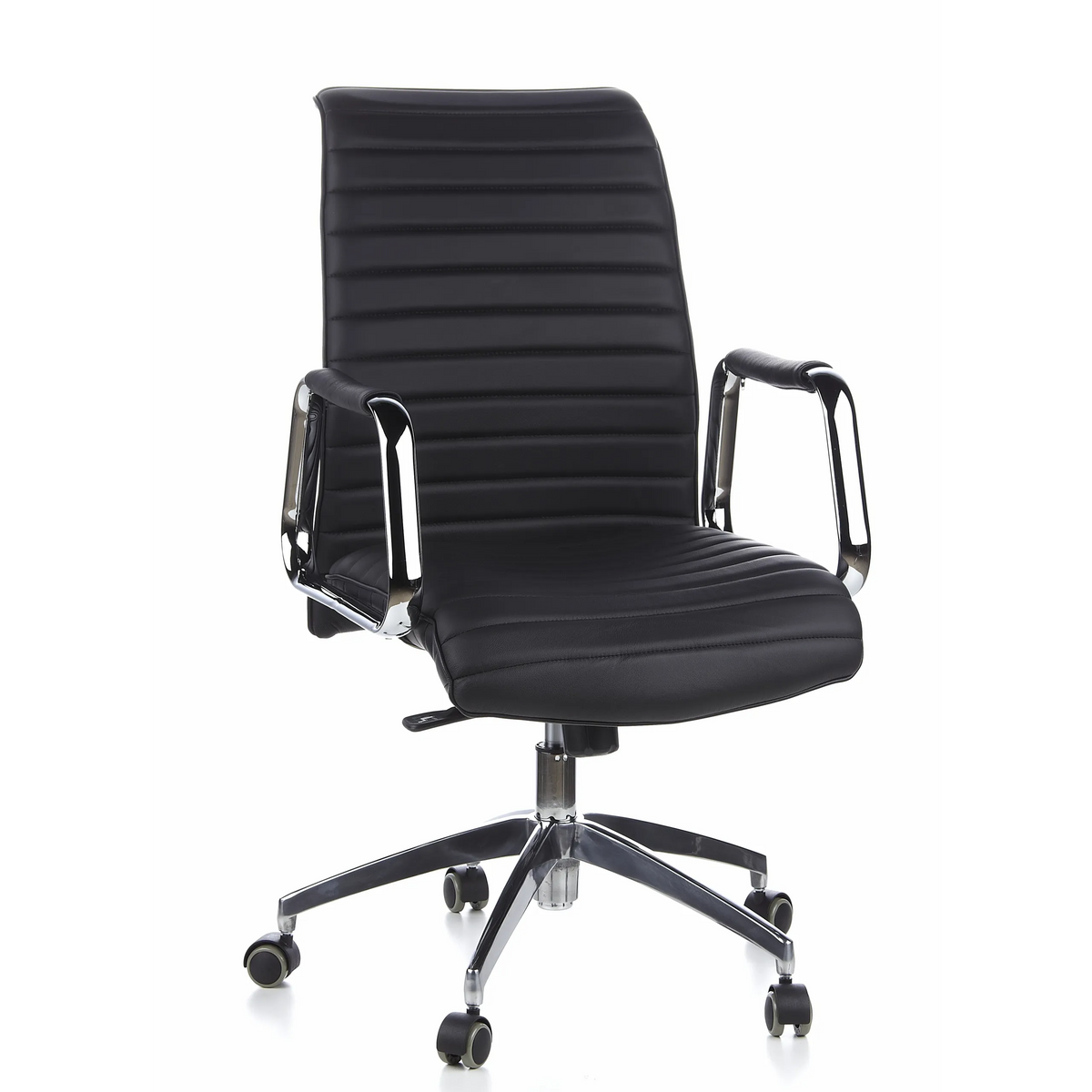 Sillón de oficina profesional ASPERA 10 negro con costuras, reposabrazos y base de cinco ruedas de hjh OFFICE – vista de 360° (vista frontal 20°)