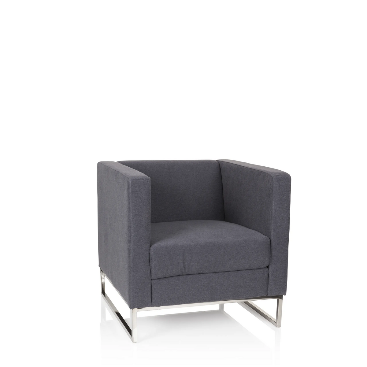 Sillón tapizado BARBADOS gris oscuro con diseño cuadrado y estructura metálica de hjh OFFICE – vista de 360° (vista frontal 20°)