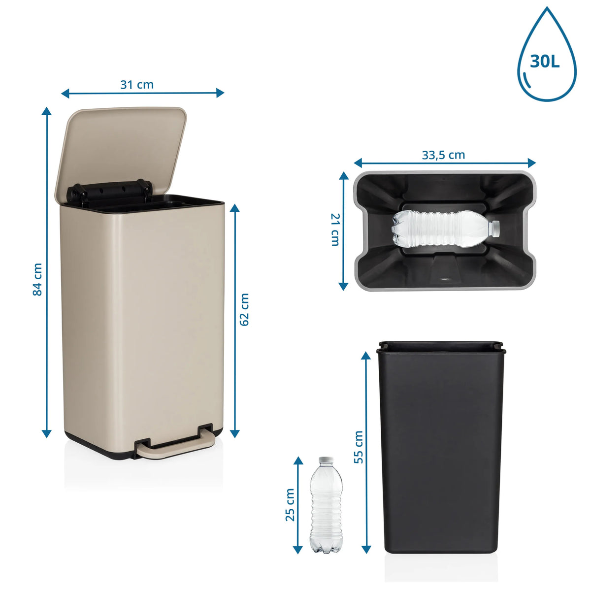 Dibujo dimensional de la Papelera CLEAN BEVA con capacidad de 30 l y una altura de 84 cm de hjh OFFICE