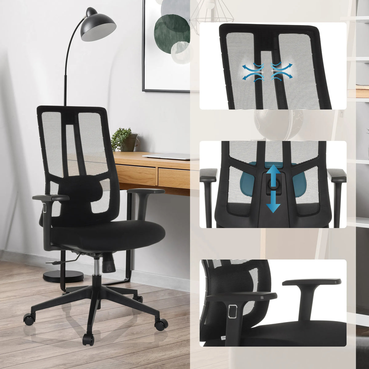 Silla de oficina profesional TRAMORE BASE acolchada en negro con respaldo de malla y soporte lumbar ajustable de hjh OFFICE