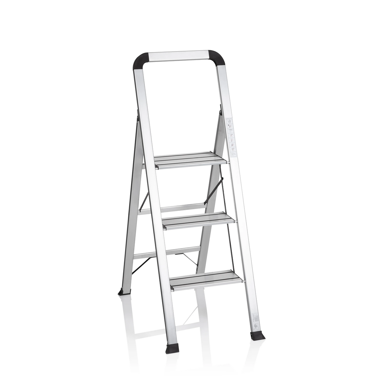 Silberne Klappleiter SOLID V aus Aluminium mit drei Stufen und Handgriff von hjh OFFICE – 360-Grad-Ansicht (Frontansicht 20°)