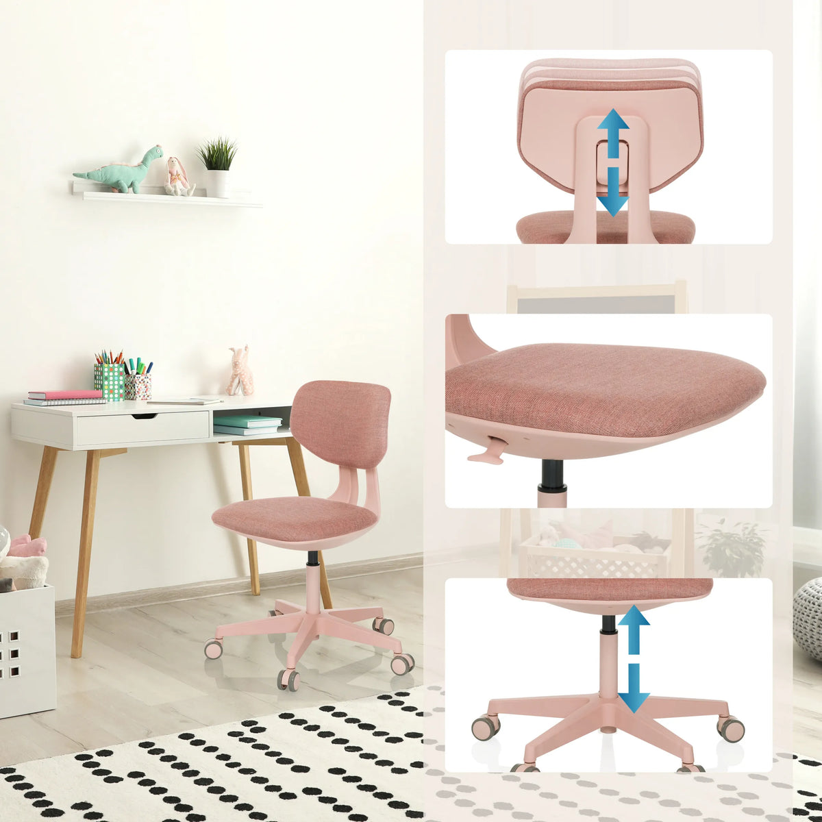 Respaldo y asiento regulables en altura de la Silla giratoria para niños KID COLORE en rosa de hjh OFFICE