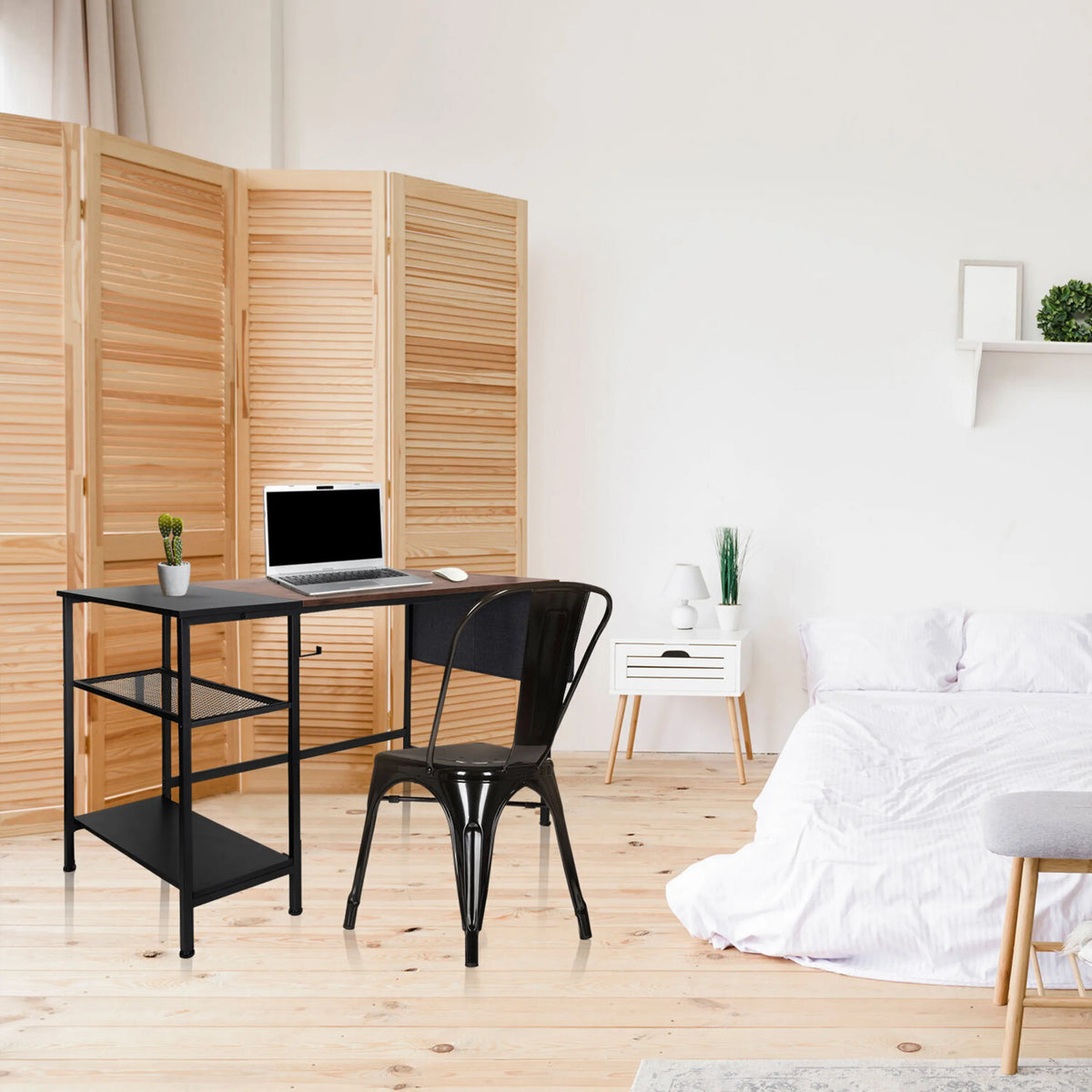 Schreibtisch WORKSPACE H I in Schwarz-Braun mit zwei Ablageflächen und Metallgestell von hjh OFFICE