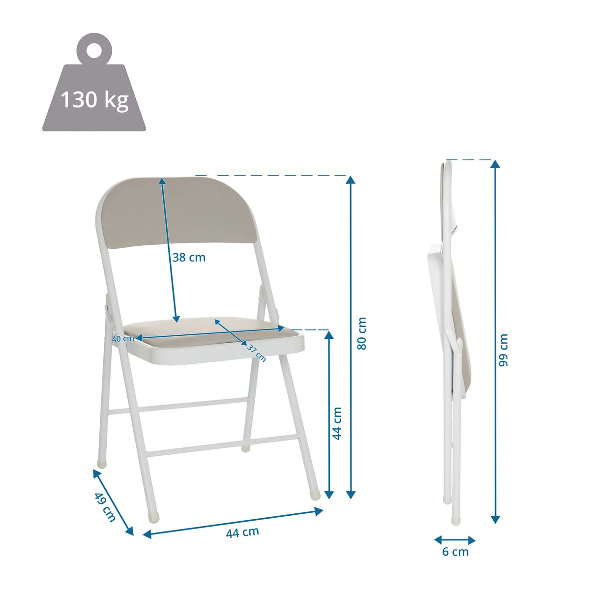Dibujo dimensional de la silla plegable TUDELA W con una altura total de 99 cm y una capacidad de carga de 130 kg de hjh OFFICE