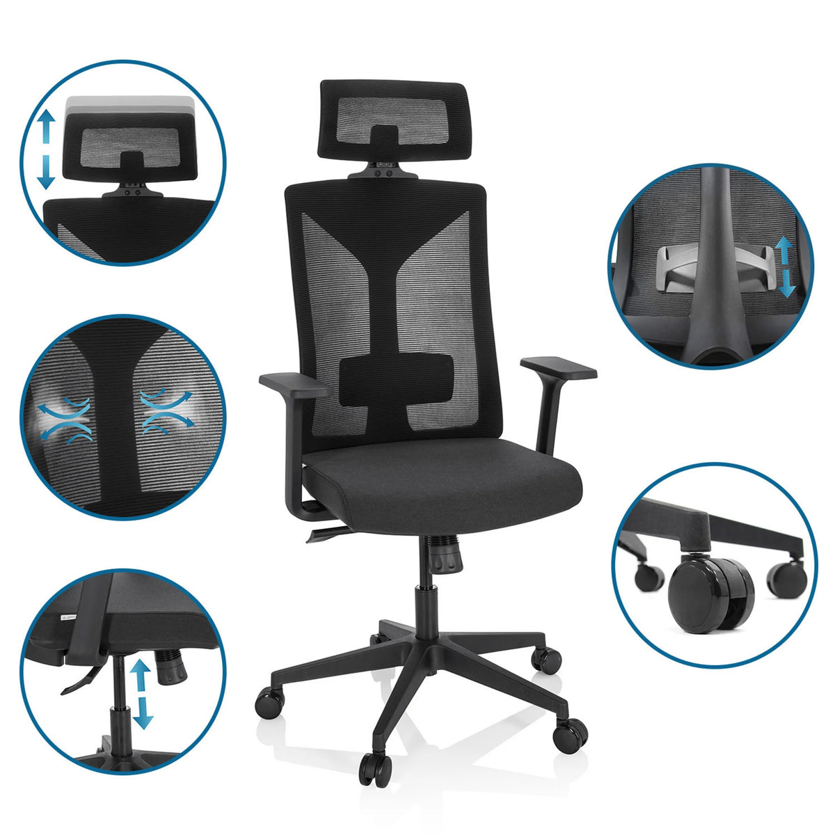 Silla de oficina profesional KODIAK negra con reposacabezas ajustable, soporte lumbar y ruedas de hjh OFFICE