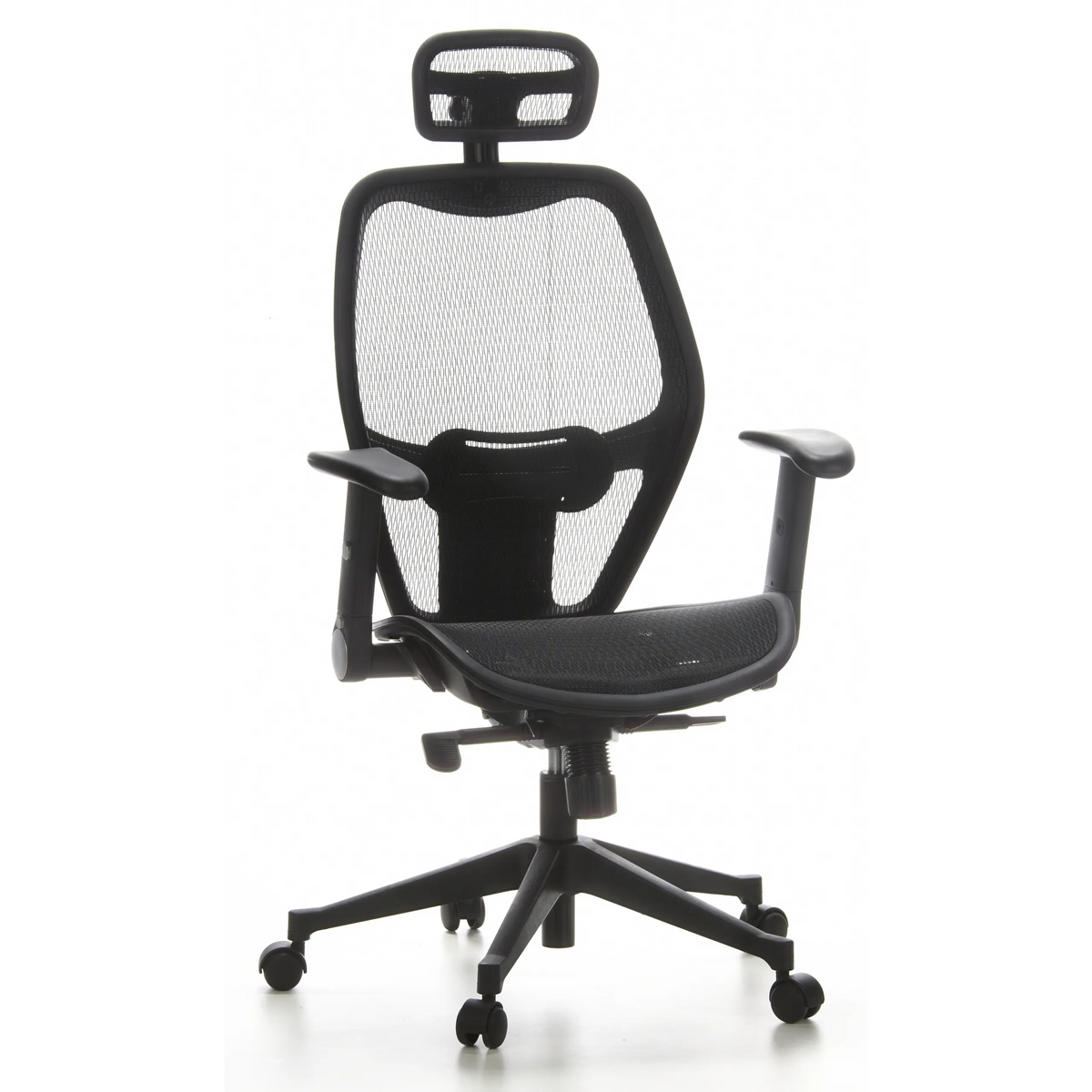 Silla de oficina profesional AIR-PORT negra con respaldo de malla, reposacabezas y base de cinco ruedas de hjh OFFICE – vista de 360° (vista frontal 20°)