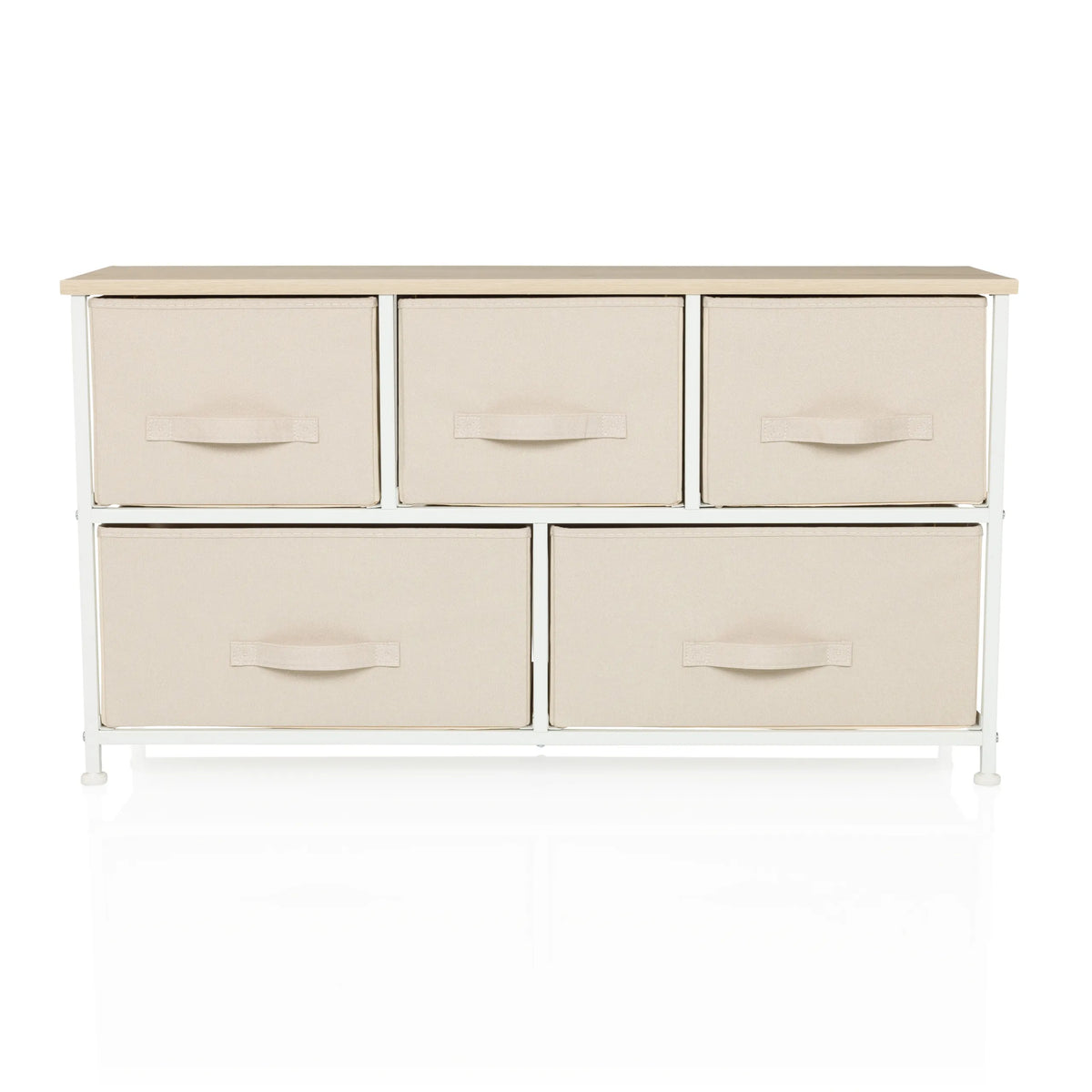Cómoda beige FOLDAR con cinco cajones de tela y estructura blanca de hjh LIVING – vista de 360° (vista frontal 0°)