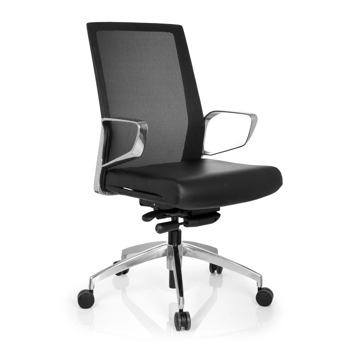 Silla de oficina profesional PROVIDER NET negra con respaldo de malla y base de cinco ruedas de hjh OFFICE – vista de 360° (vista frontal en diagonal 40°)