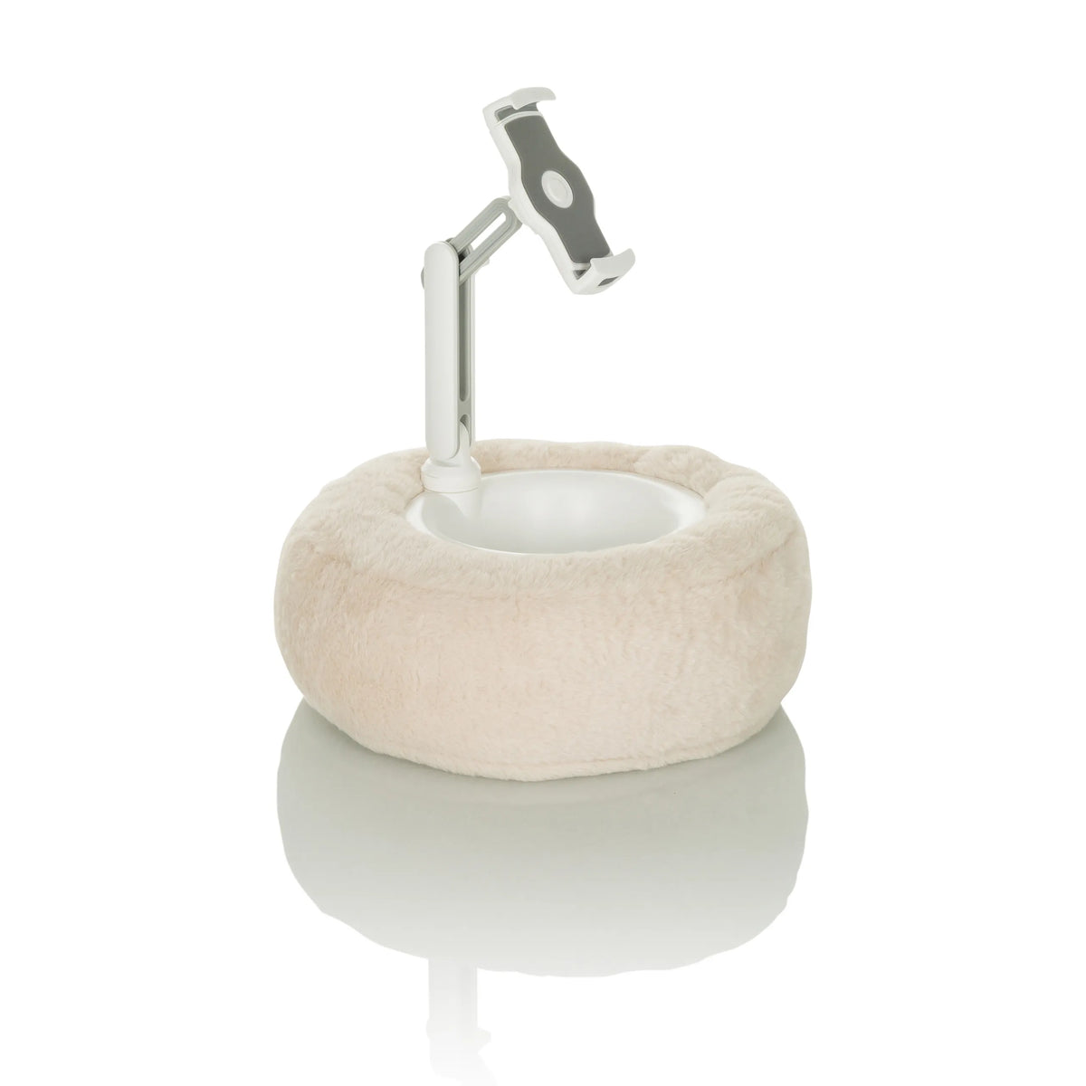 Soporte para teléfono móvil y tableta COMFILAP II beige con cojín de anillo de felpa de hjh OFFICE – vista de 360° (vista trasera en diagonal 144°)