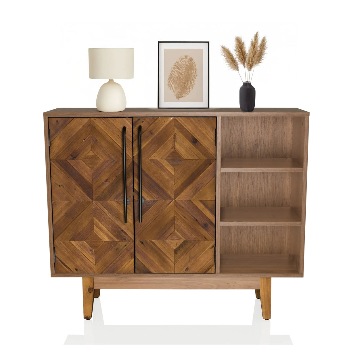 Cómoda SANTJAGO WOOD L en aspecto de madera oscura con dos puertas, tiradores negros y estante abierto de hjh LIVING