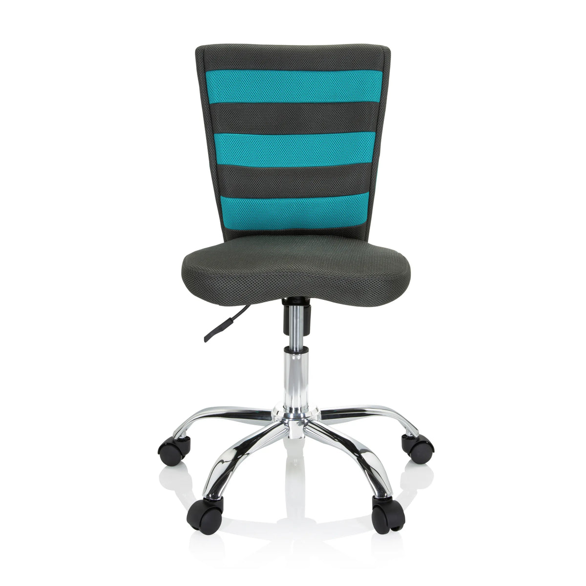 Silla giratoria para niños KIDDY COMFORT I gris con rayas turquesas en el respaldo de malla y base de cinco ruedas de hjh OFFICE – vista de 360° (vista frontal 0°)