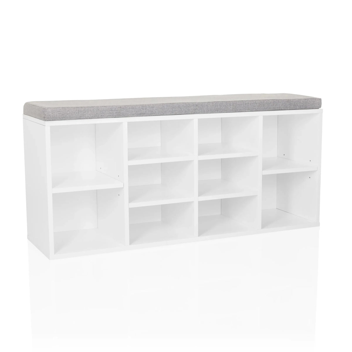 Armario zapatero ESTHA 10 blanco con cojín de asiento gris y varios estantes abiertos de hjh LIVING