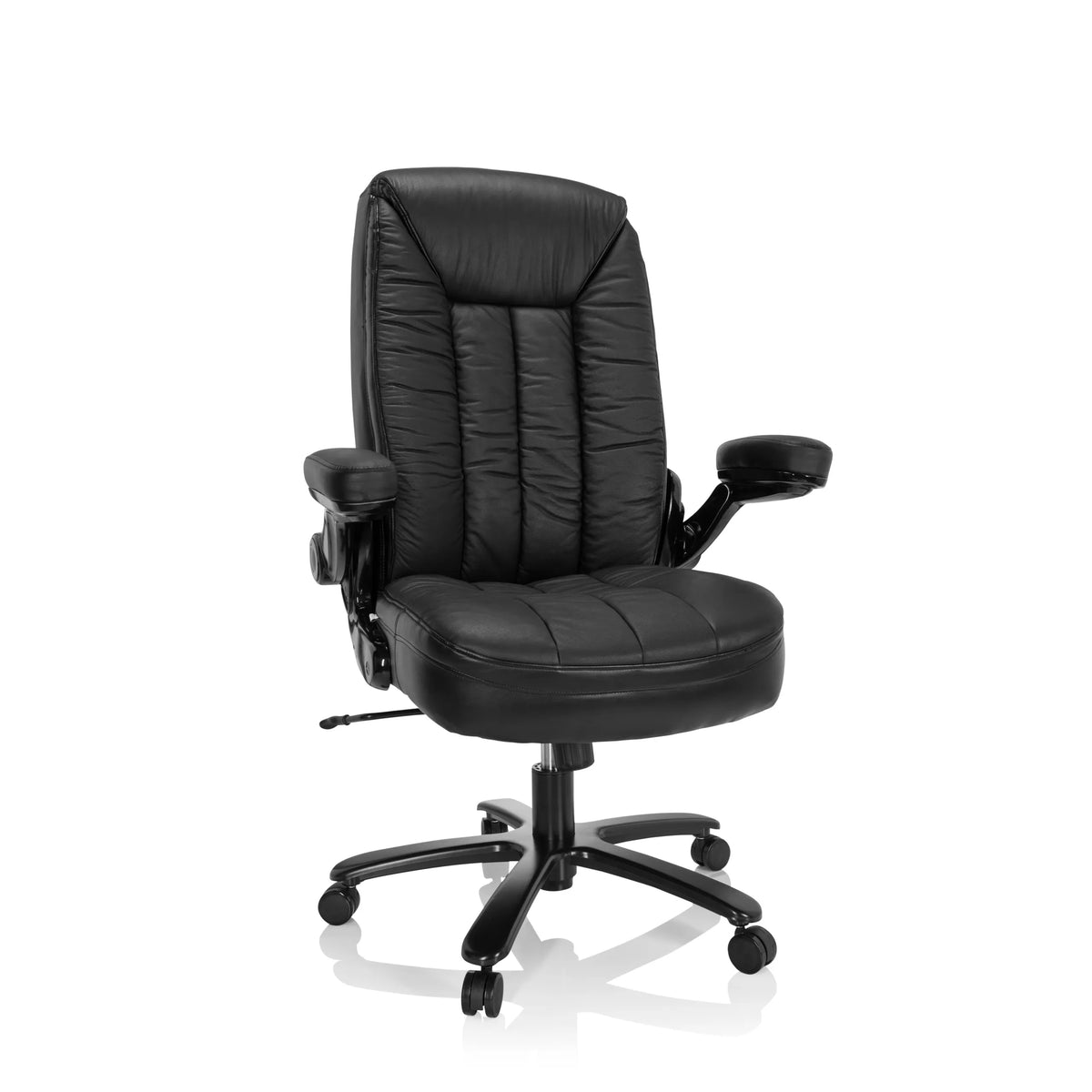 Silla giratoria XXL INSTRUCTOR III negra de cuero con base de estrella y cinco ruedas de hjh OFFICE – vista de 360° (vista frontal 20°)