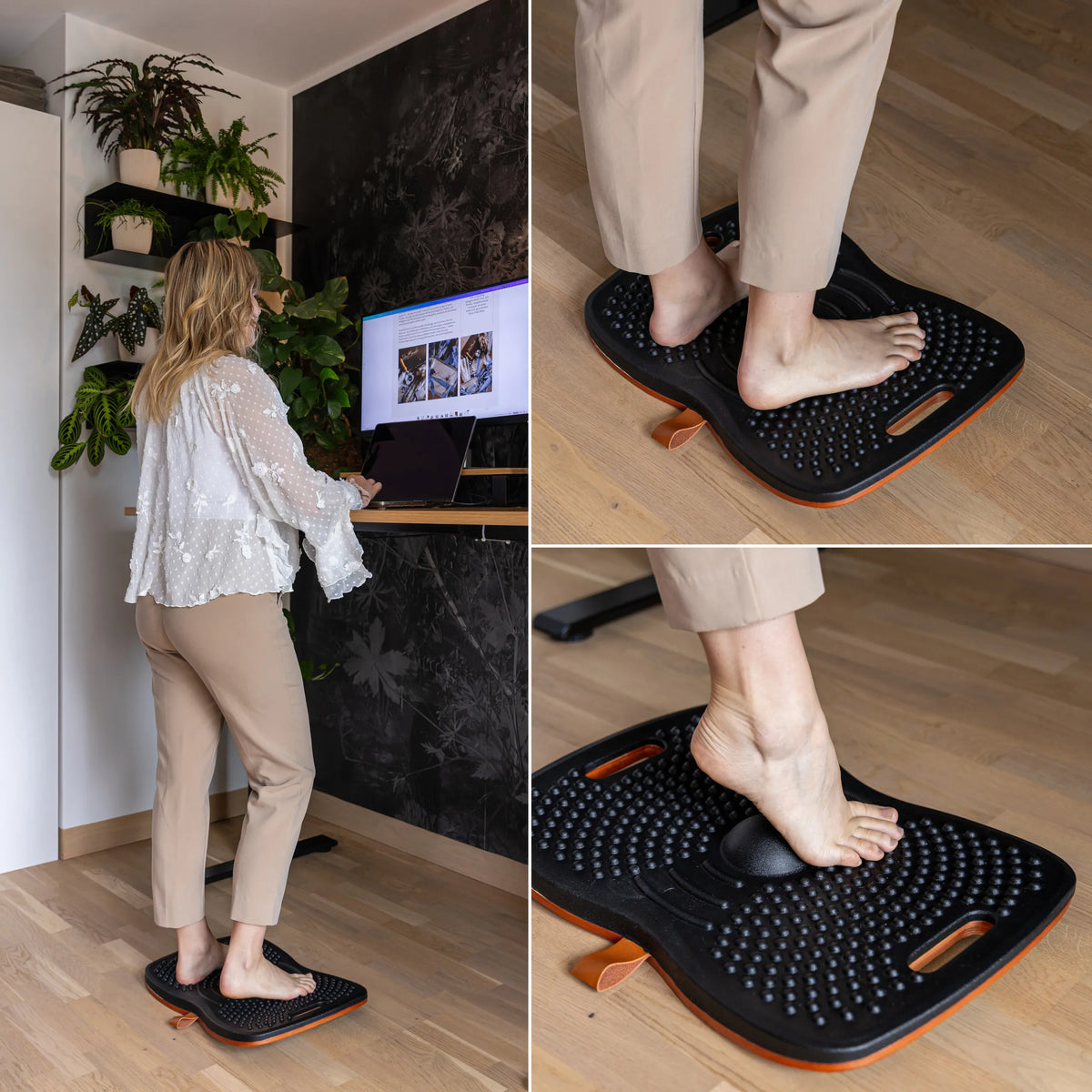 Tabla de equilibrio ACTIV negra con estructura de nodos y borde naranja en uso en un escritorio de pie de hjh OFFICE