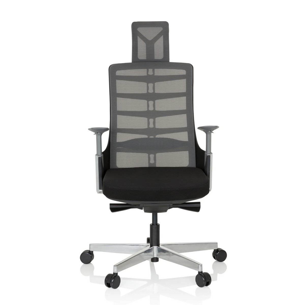 Silla alta gama SKARIF en color negro gris con respaldo de malla y base de cinco ruedas de hjh OFFICE – vista de 360° (vista frontal 0°)